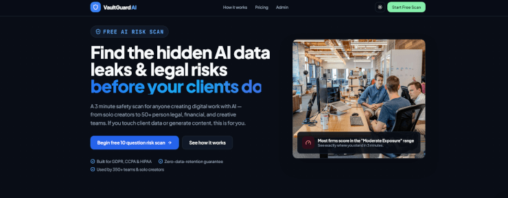 landing page for Vault Guard AI